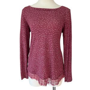 LS Lauren Conrad Polka Dots Romantic Lace Blouse w/Bow Womens Maroon Top small